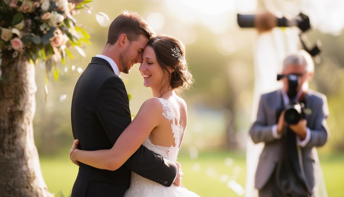 A heartwarming scene of a married couple embracing, with a wedding photographer capturing the moment in the background.