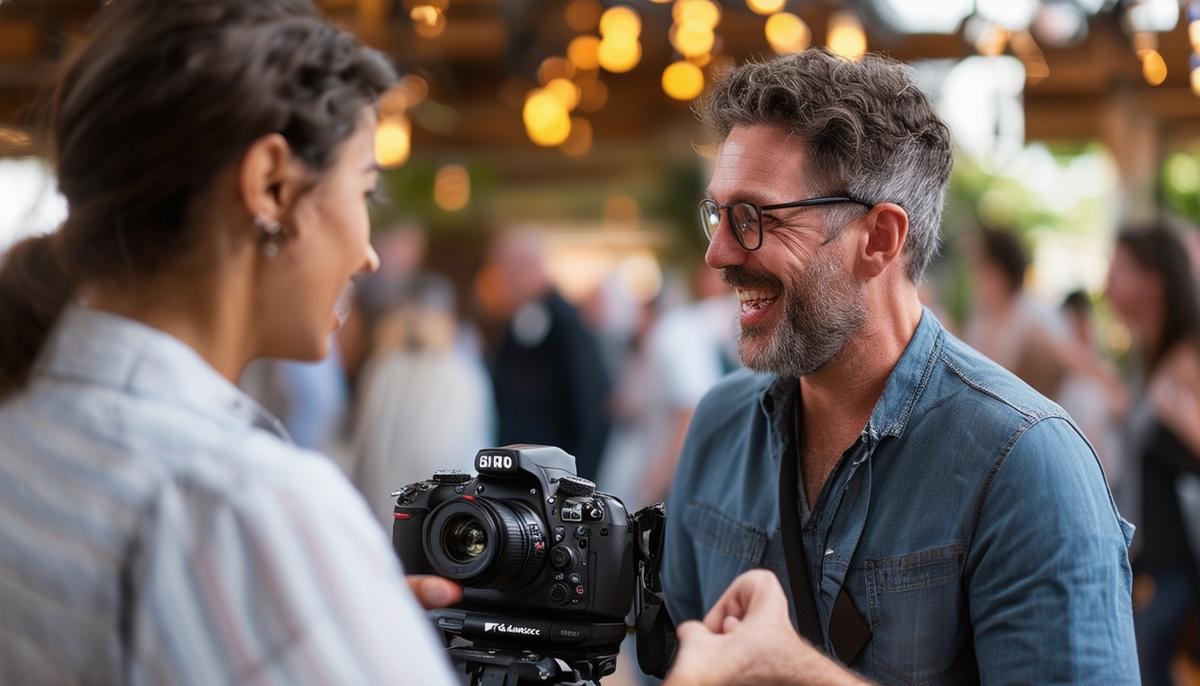An experienced freelance photographer collaborating with a client at an event, discussing their vision and goals while capturing high-quality images that meet the client's expectations and showcase their professionalism and skill.