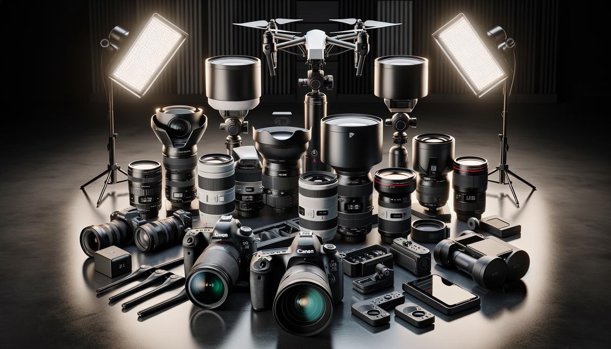 An array of high-end commercial photography equipment including cameras, lenses, and lighting gear