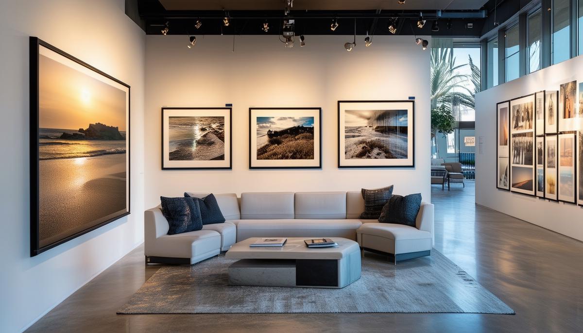 Interior of a high-end commercial photography gallery in San Diego, showcasing various styles of photographic art