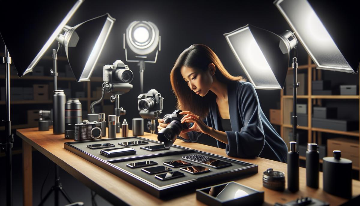 A professional photographer capturing product shots of tech gadgets in a studio in Atlanta