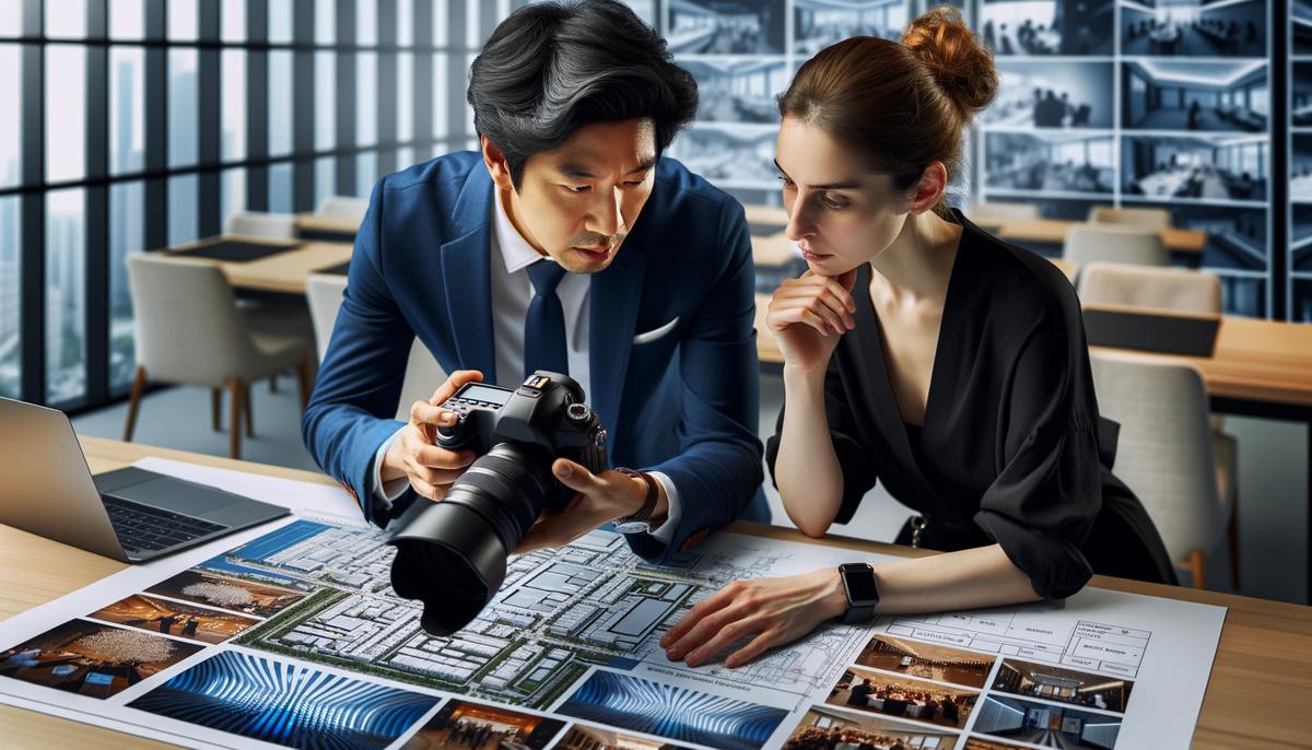 A corporate event planner and photographer collaborating on a detailed shot list, illustrating the importance of effective communication in achieving the desired results.