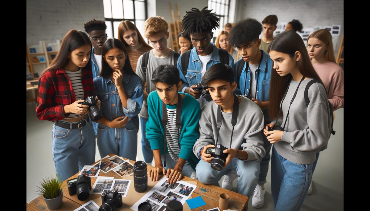 A diverse group of young people learning photography skills as part of a community initiative