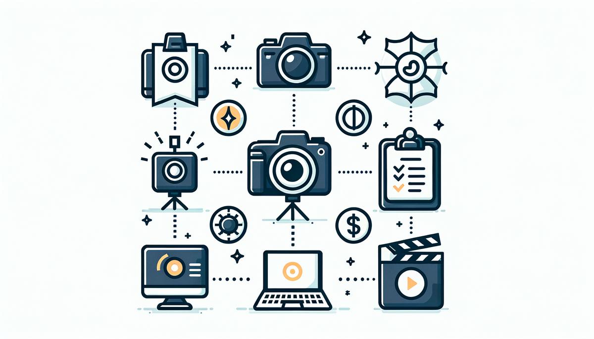 A collection of icons or small photos representing the various event photography services, including on-site editing, custom packages, real-time delivery, and more, arranged neatly on a plain background.