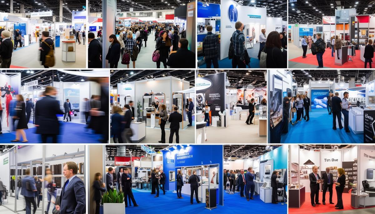 A collage representing a comprehensive trade show photography package, including event coverage, headshots, and product photography