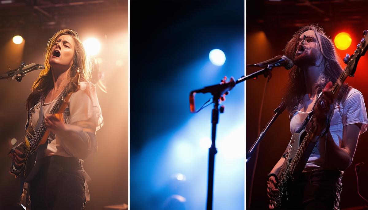 A split-screen image showing different lighting techniques used in concert photography, highlighting how they affect the final shot