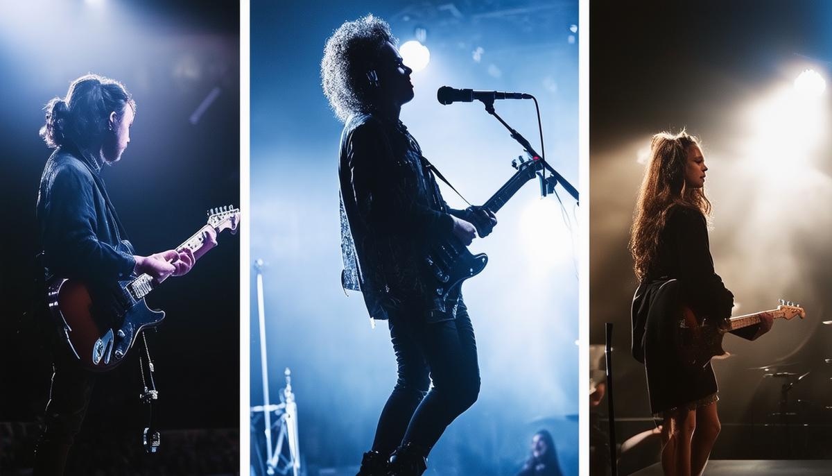 A split-screen image showing different composition techniques in concert photography, including rule of thirds, framing, and close-ups