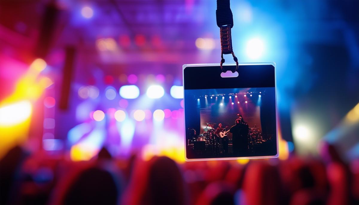 A concert photo pass hanging around a photographer's neck, with a blurred stage in the background