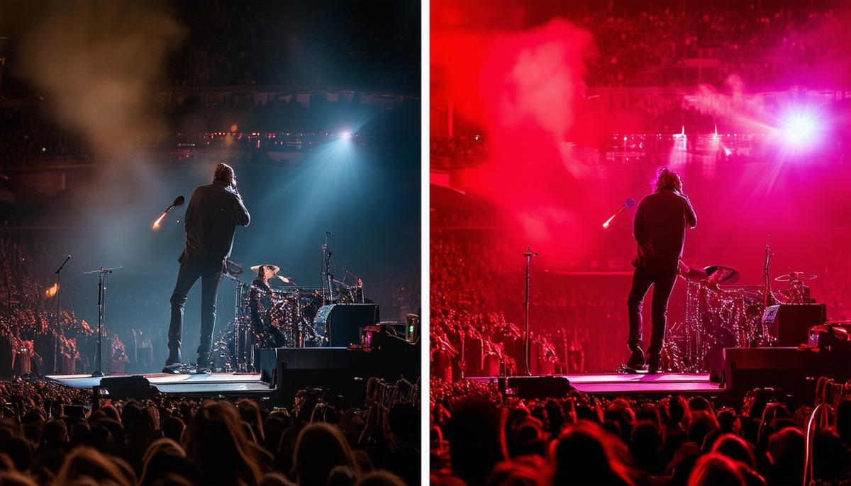 A before-and-after comparison of a concert photograph, showing the raw image and the final edited version