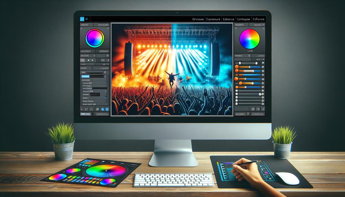 A vibrant concert photograph being edited in Adobe Lightroom, with various adjustment sliders and tools visible on the screen, demonstrating the process of enhancing and fine-tuning the image in post-production.