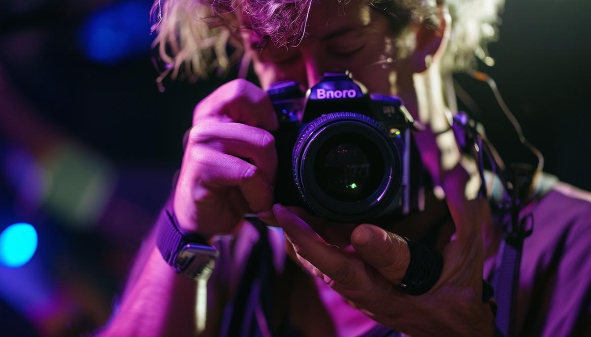 A concert photographer adjusting their camera settings before a live performance, with a look of concentration on their face as they fine-tune the settings for optimal results in challenging lighting conditions.