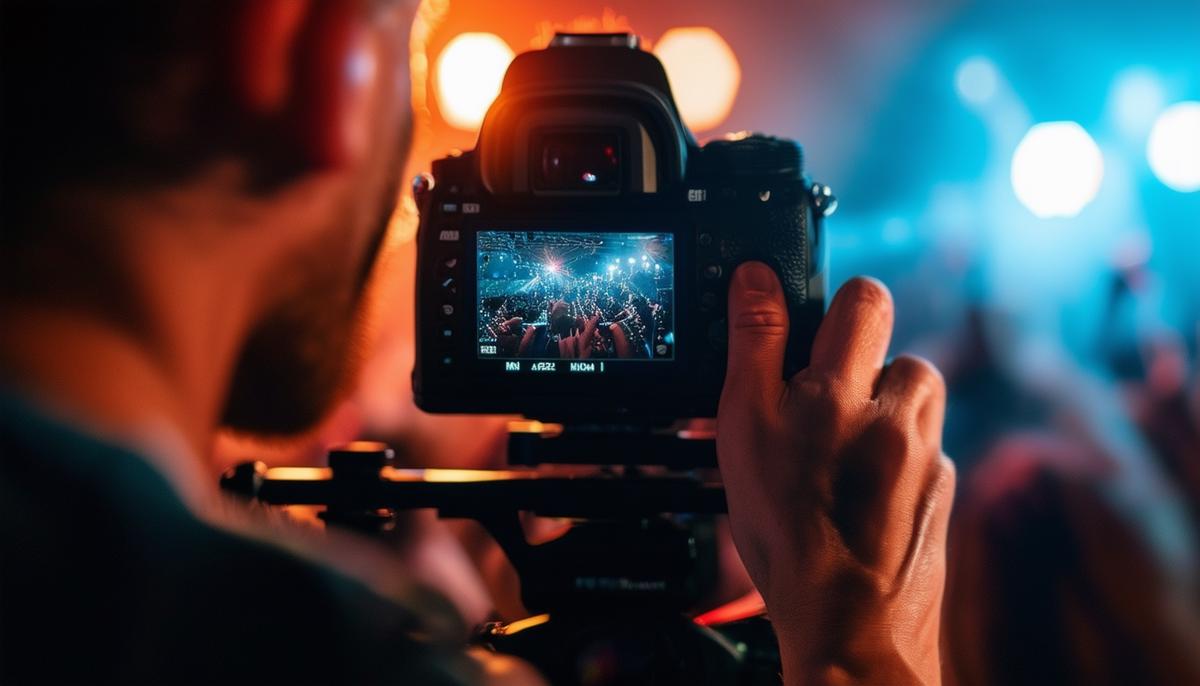 A concert photographer adjusting camera settings while shooting a live performance in low light conditions