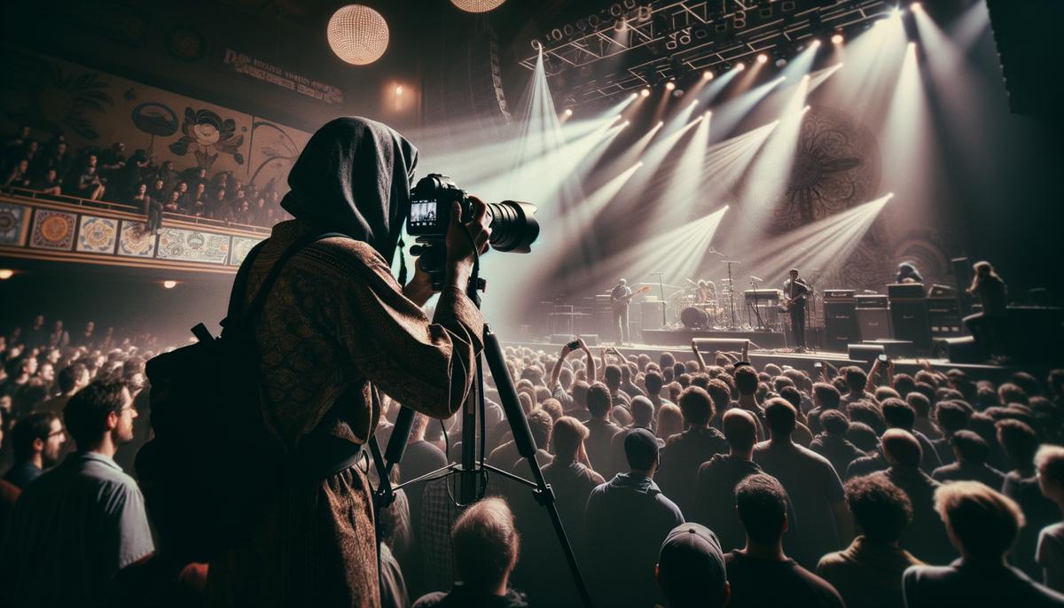 A concert photographer navigating a crowded venue while adjusting camera settings in low light