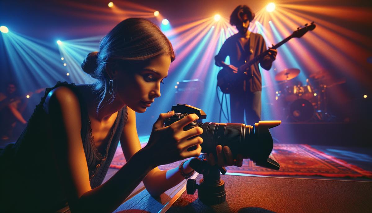 A concert photographer navigating challenging lighting conditions to capture a perfect shot
