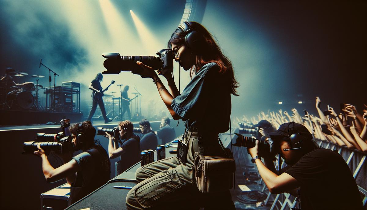 A concert photographer navigating the photo pit during a live performance, showcasing proper etiquette and professionalism.