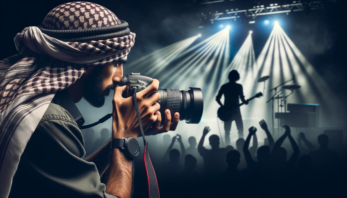 A concert photographer adjusting camera settings in a dimly lit venue with a performer on stage in the background