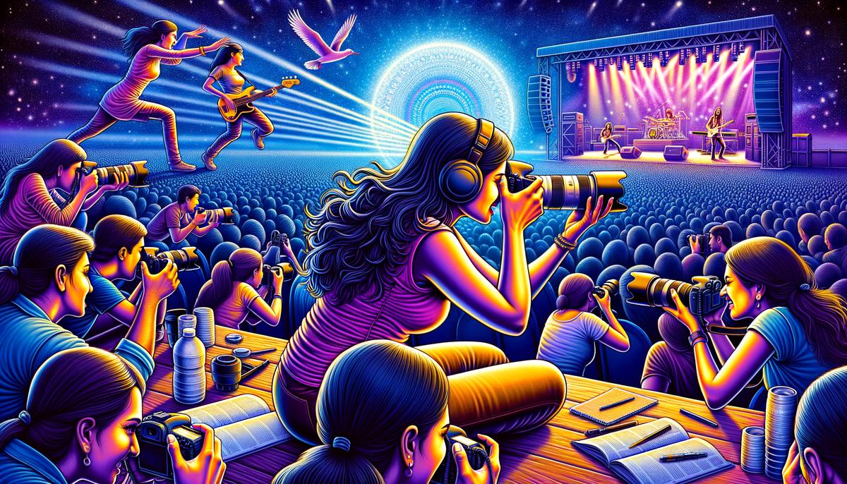 A concert photographer employing various shooting techniques, such as adjusting camera settings, using different compositions, and timing shots perfectly.