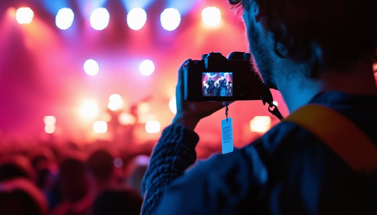 A concert photographer wearing an official photo pass, symbolizing their authorized access to photograph the live event and their commitment to following legal and ethical guidelines.