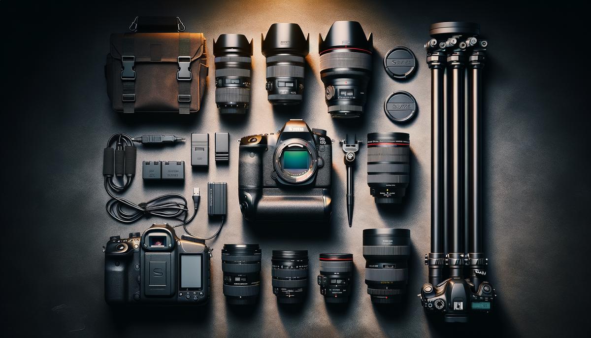 A collection of essential concert photography equipment, including a full-frame DSLR camera, various lenses, memory cards, and a monopod