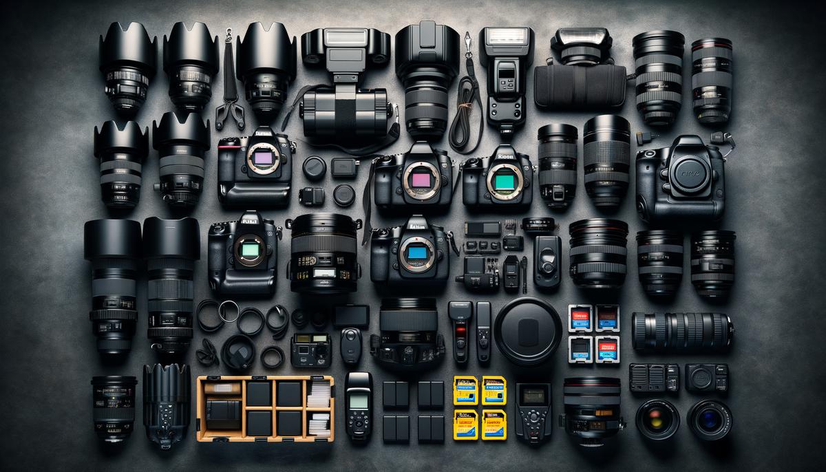 An array of professional camera equipment typically used by concert photographers.