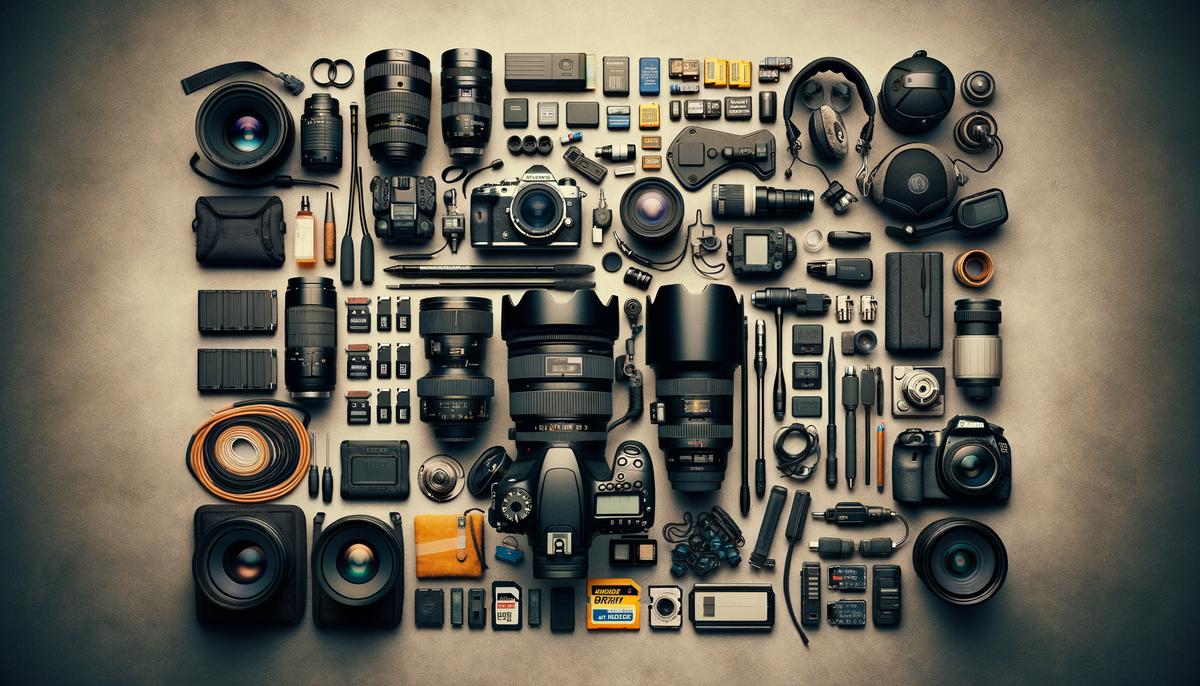 An array of professional camera equipment and gear essential for concert photography, including cameras, lenses, memory cards, and ear protection.