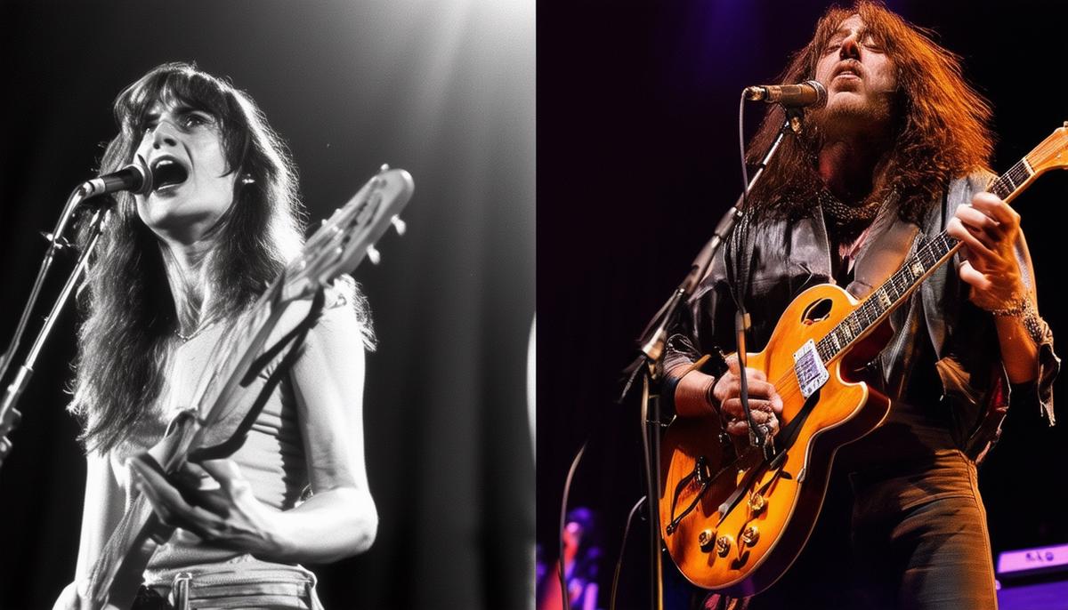 A split image showing old black and white concert photos next to modern digital concert photography