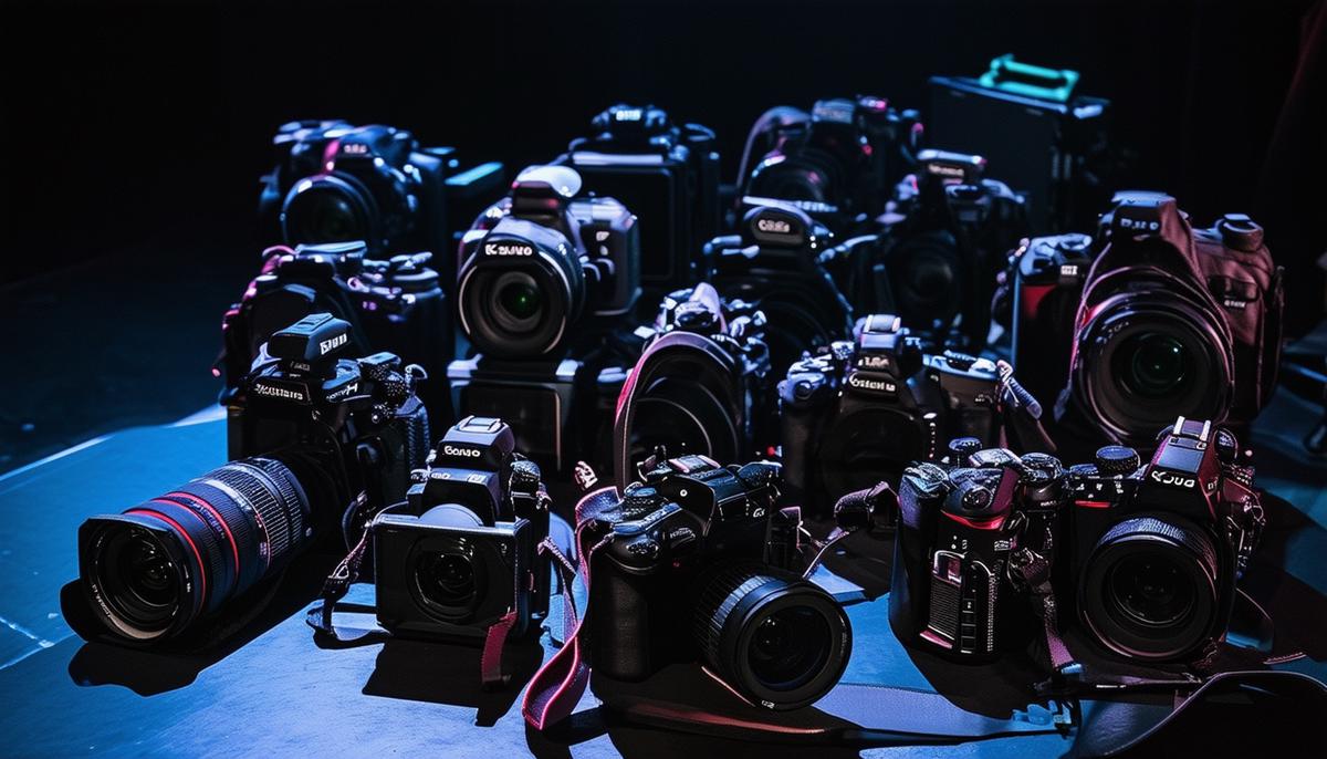 An array of professional camera equipment used for concert photography