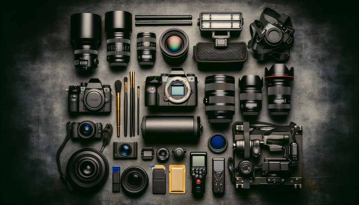 A flat lay of essential concert photography gear including a camera body, lenses, and accessories