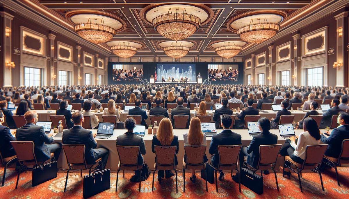 A large corporate conference taking place in the grand ballroom of the Omni Fort Worth Hotel