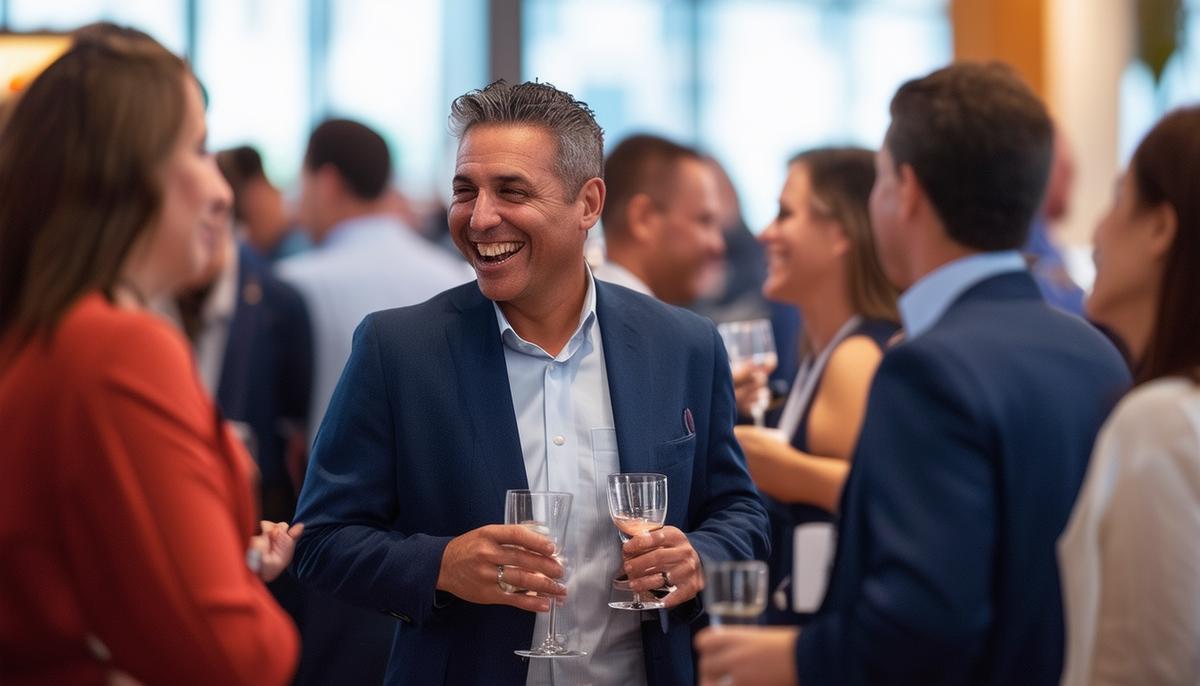 Conference attendees engaged in lively networking at a corporate event in Houston, Texas, showcasing the energy and vibrancy captured by a skilled photographer.