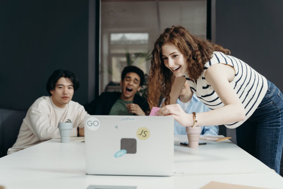 A skilled conference photographer discretely capturing an authentic, candid moment of laughter and connection between a diverse group of professionals at a networking event, showcasing the value of photojournalistic style.