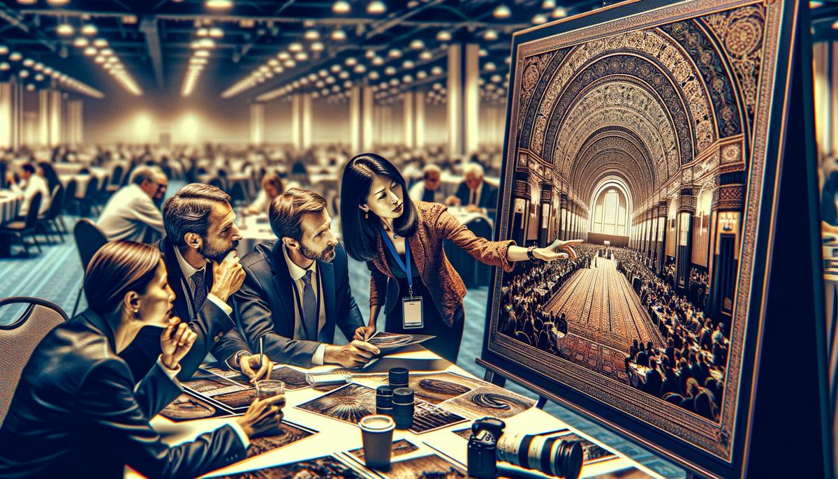 Event organizers reviewing a conference photographer's portfolio and equipment