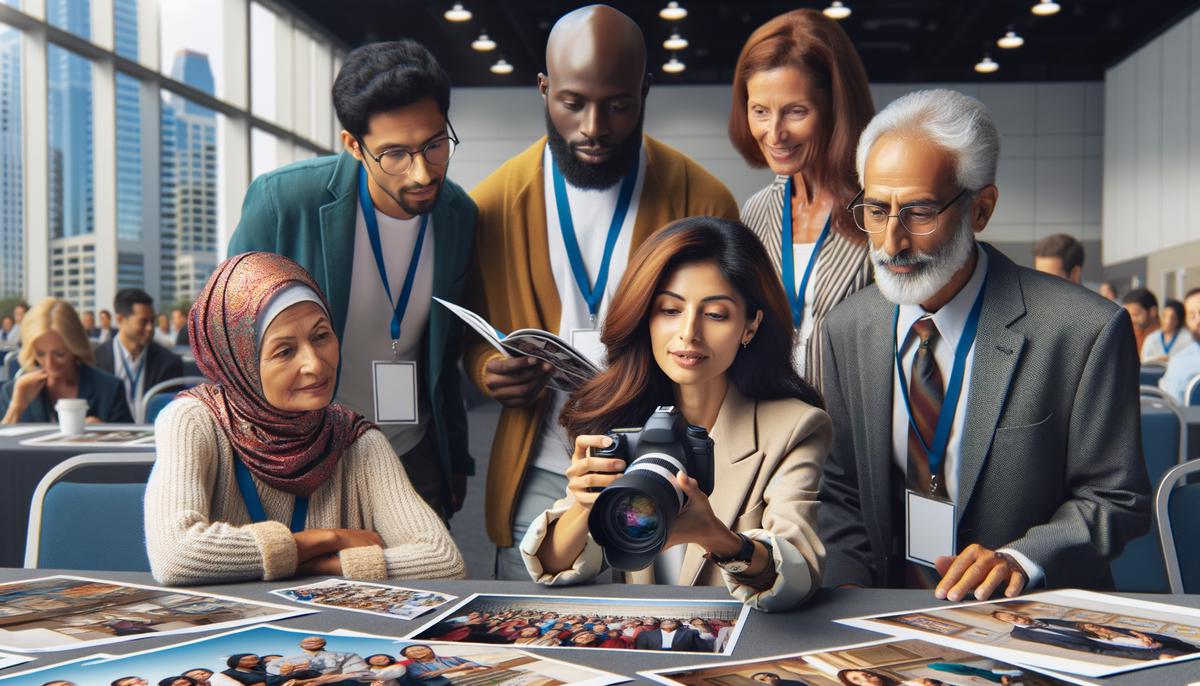 A professional photographer capturing key moments at a San Diego conference, with marketing materials and keepsakes visible