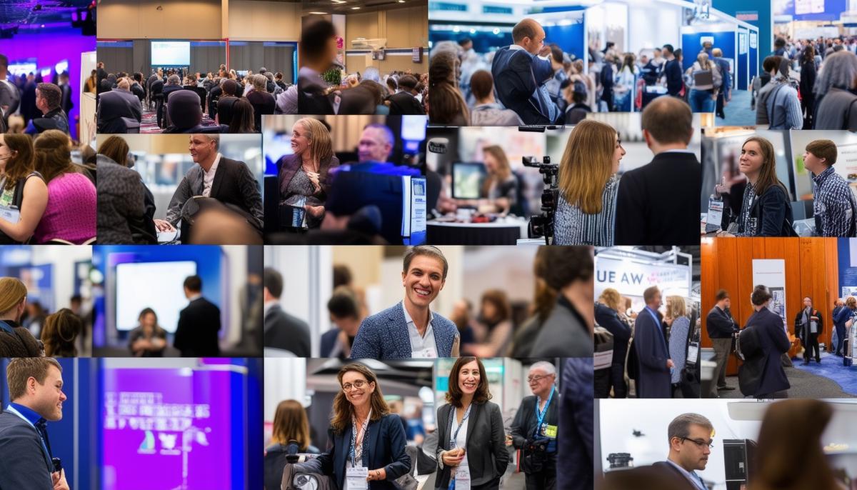 A collage of conference photography services including documentary coverage, headshots, video interviews, and trade show booth photography