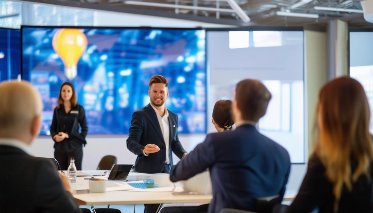 A marketing team using professional conference photos for promotional materials