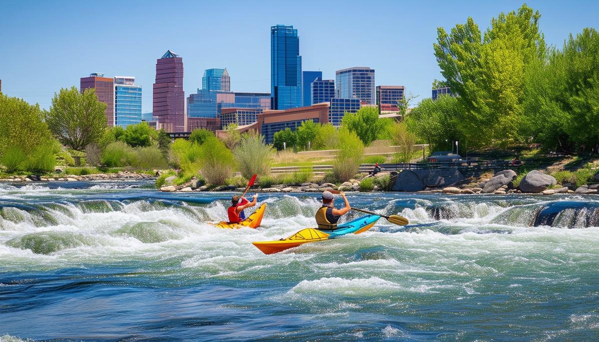 Kayakers navigating the rapids at Confluence Park with Denver's skyline in the background