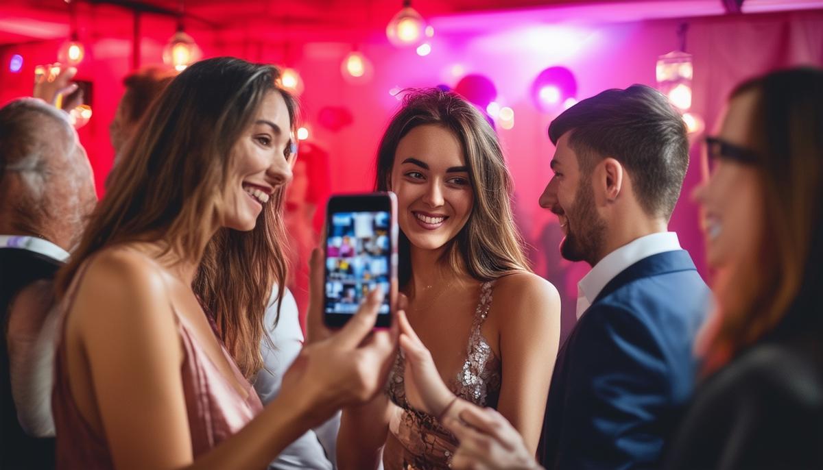 A corporate event with a branded photo booth, featuring guests sharing photos on social media