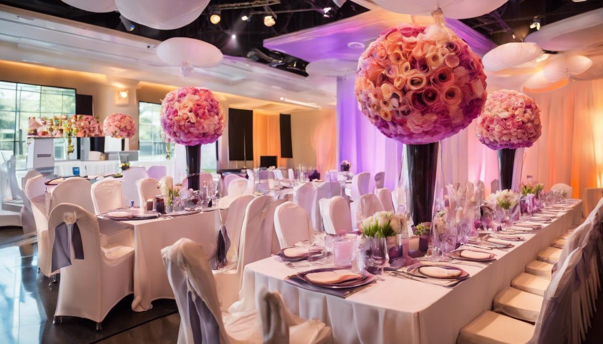 Corporate branding elements incorporated into the decor and setting of a business event