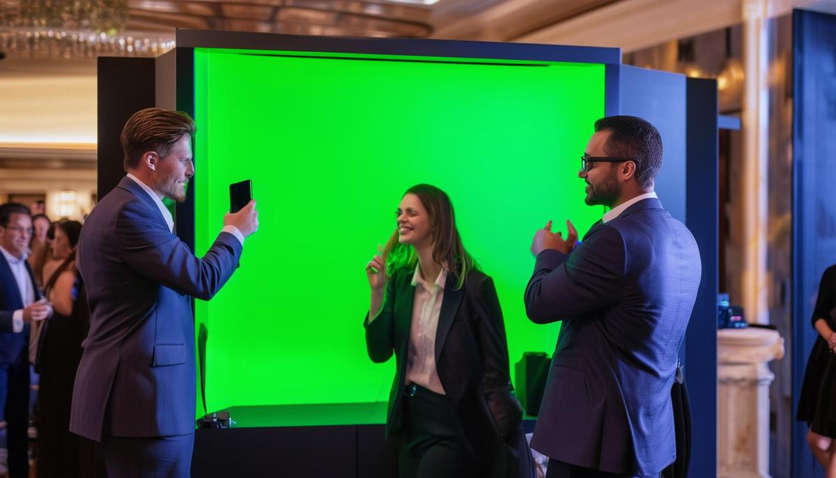 Business professionals using a green screen photo booth at a corporate event, choosing virtual backgrounds and instantly sharing the branded digital photos. The booth is modern and high-tech, fitting the upscale event.