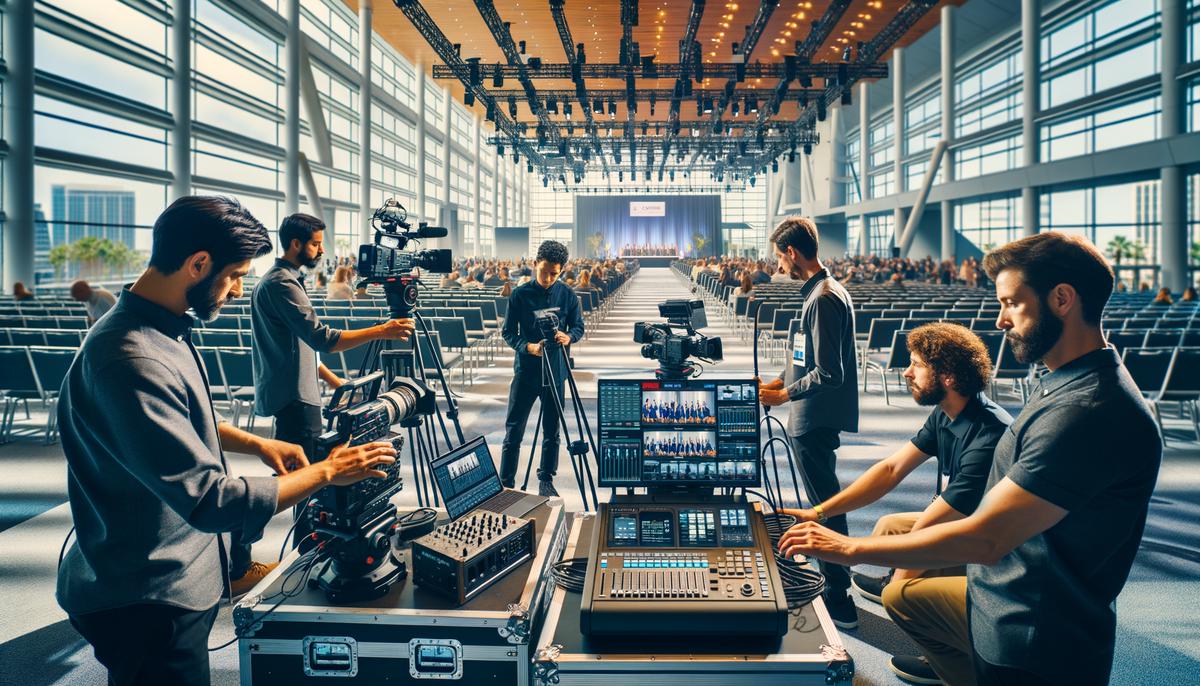 A team of videographers setting up equipment for a corporate event livestream in a San Diego convention center