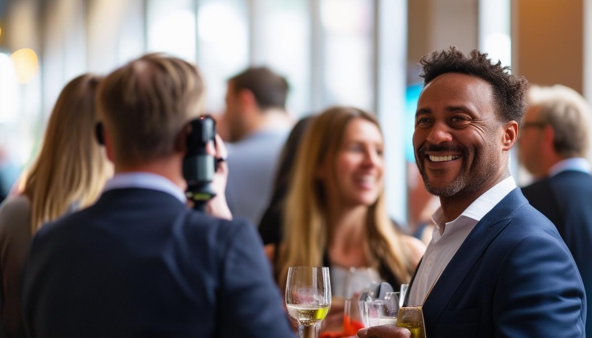Attendees at a corporate event enjoying a networking break, with a photographer capturing candid moments.