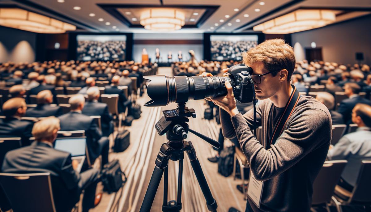 A corporate event photographer in action at a Minneapolis venue, capturing attendees and speakers