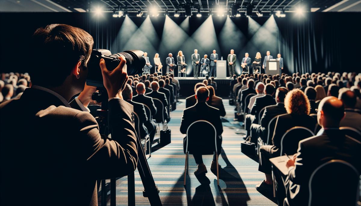 An event photographer capturing a corporate conference in Washington DC, with speakers on stage and attentive audience members