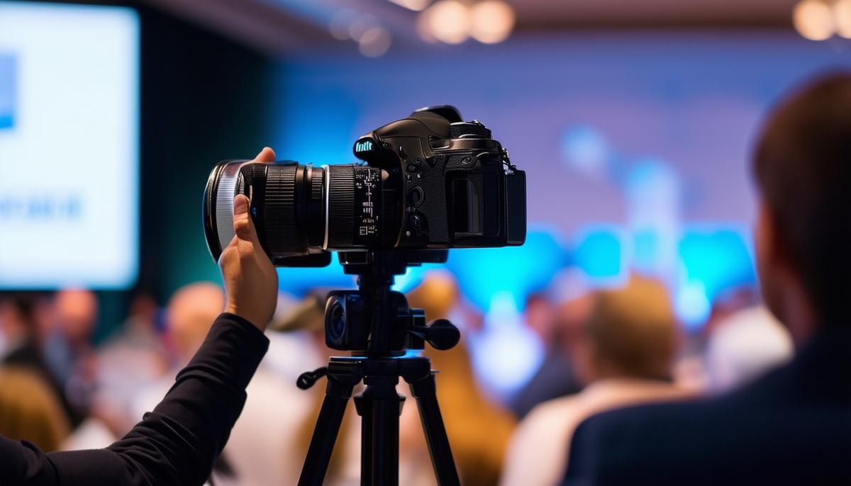 A professional photographer capturing branding elements and corporate culture at a business conference or event.