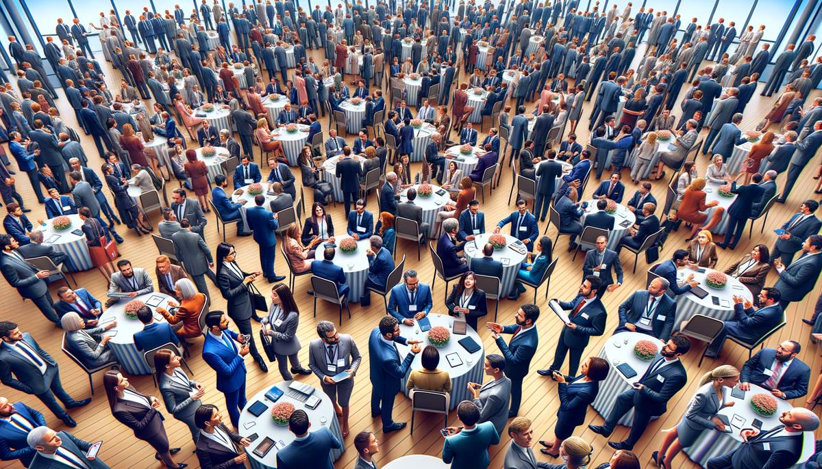 A collage of corporate event photographs showing keynote speakers, networking moments, and award ceremonies