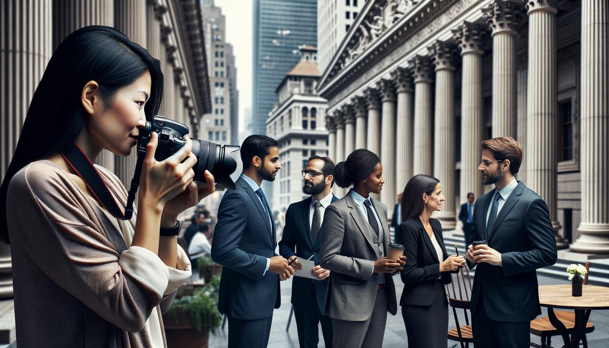 A photographer discreetly capturing a corporate event in Washington D.C., with executives engaged in conversation