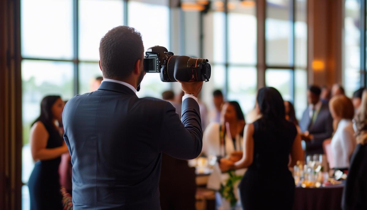 A photographer discreetly capturing a diverse group of professionals at a corporate event in Tampa