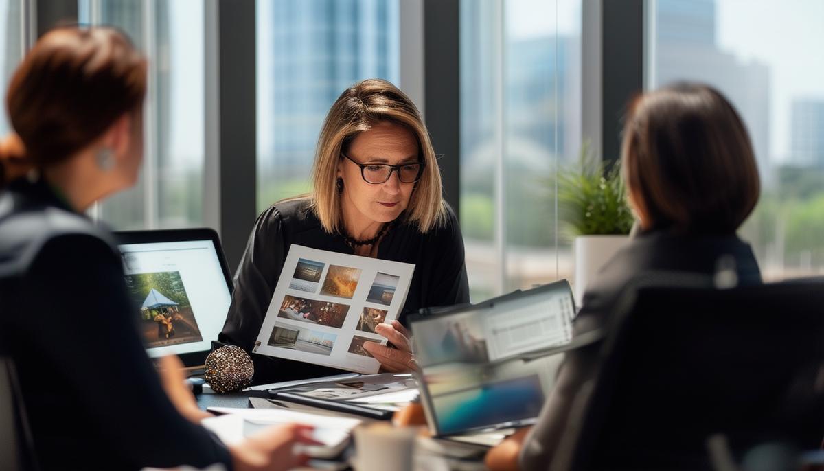 A client reviewing a corporate event photographer's portfolio in a Dallas office