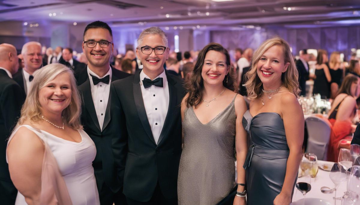 Attendees at a corporate gala, including executives and important clients, dressed in formal attire and networking