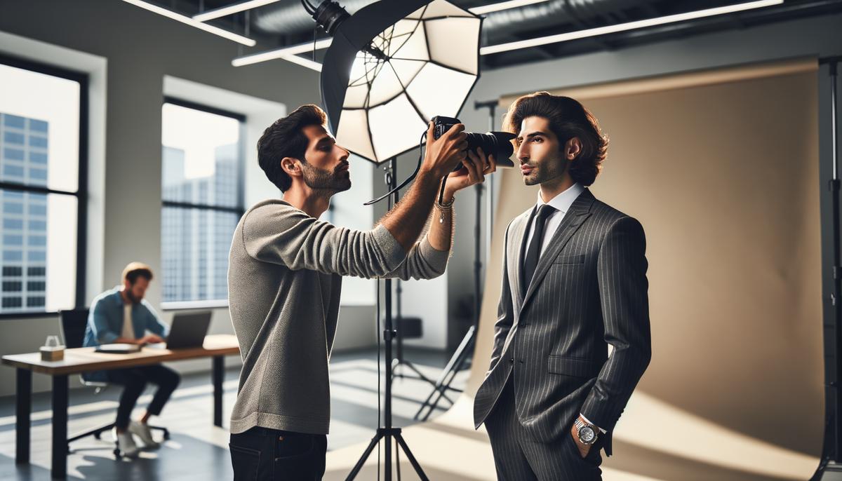 A professional photographer conducting a corporate headshot session in a Denver office